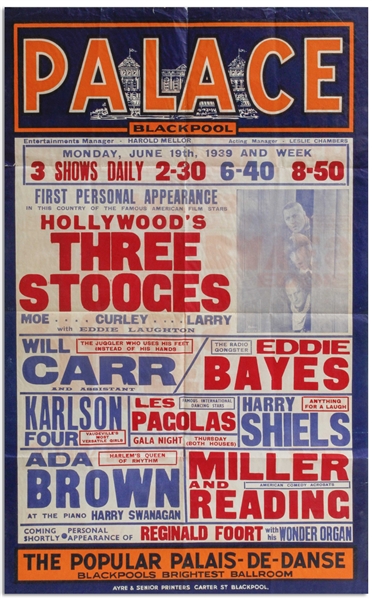 Moe Howard Owned Poster Advertising The Three Stooges' Famous June 1939 Show at the Blackpool Palace in England -- Larger Size Measures 24.75'' x 39.75''